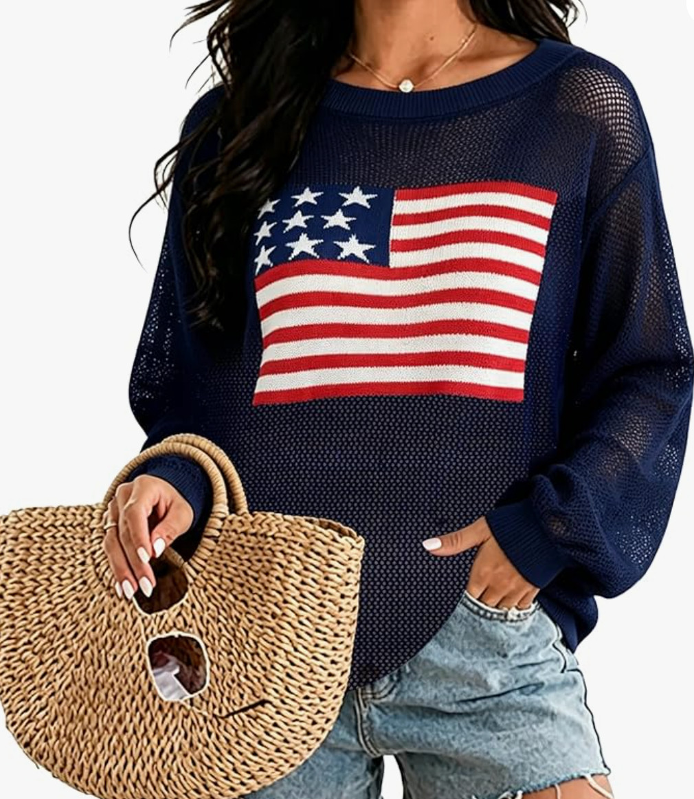 American Flag Sweater Women Crochet Knit USA Tops 4th of July Outfits Casual Boat Neck Pullover Summer Beach Cover Up, Memorial Day  

 #LTKootd #LTKmomlife