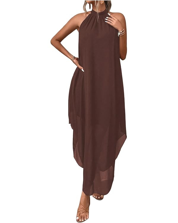 Verdusa Women's Fall Formal Wedding Guest Dress Halter Flowy Sleeveless Asymmetrical Maxi Boho Dr... | Amazon (US)