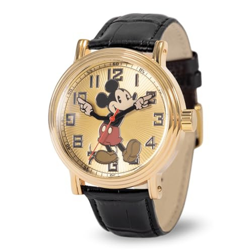 Mickey Mouse Articulating Hands Watch for Men, Stylish Mickey Watch for Men, Classic Mouse Watches, Unique Timepiece, Gold Dial & Case, Black Leather Strap | Amazon (US)