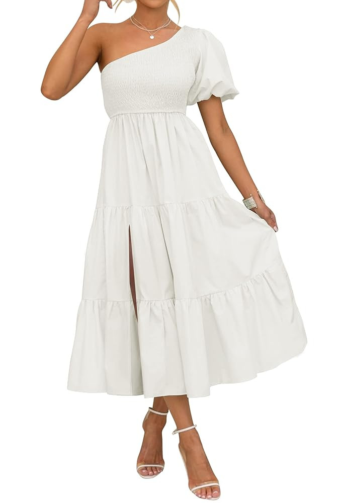 ZESICA Women's Boho Summer One Shoulder Short Sleeve Smocked Side Split Ruffle Swing Midi Dress | Amazon (US)
