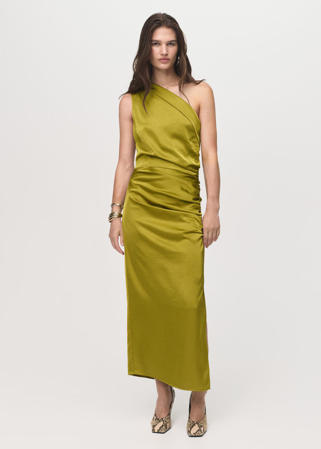 Asymmetrical satin dress with side slits olive green - Woman - 10 - MANGO | Mango (US/MX/AU)