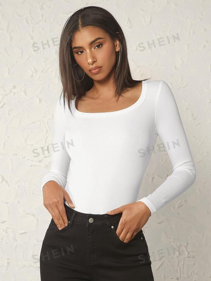 SHEIN BASICS Scoop Neck Long Sleeve Solid Tee For Summer | SHEIN