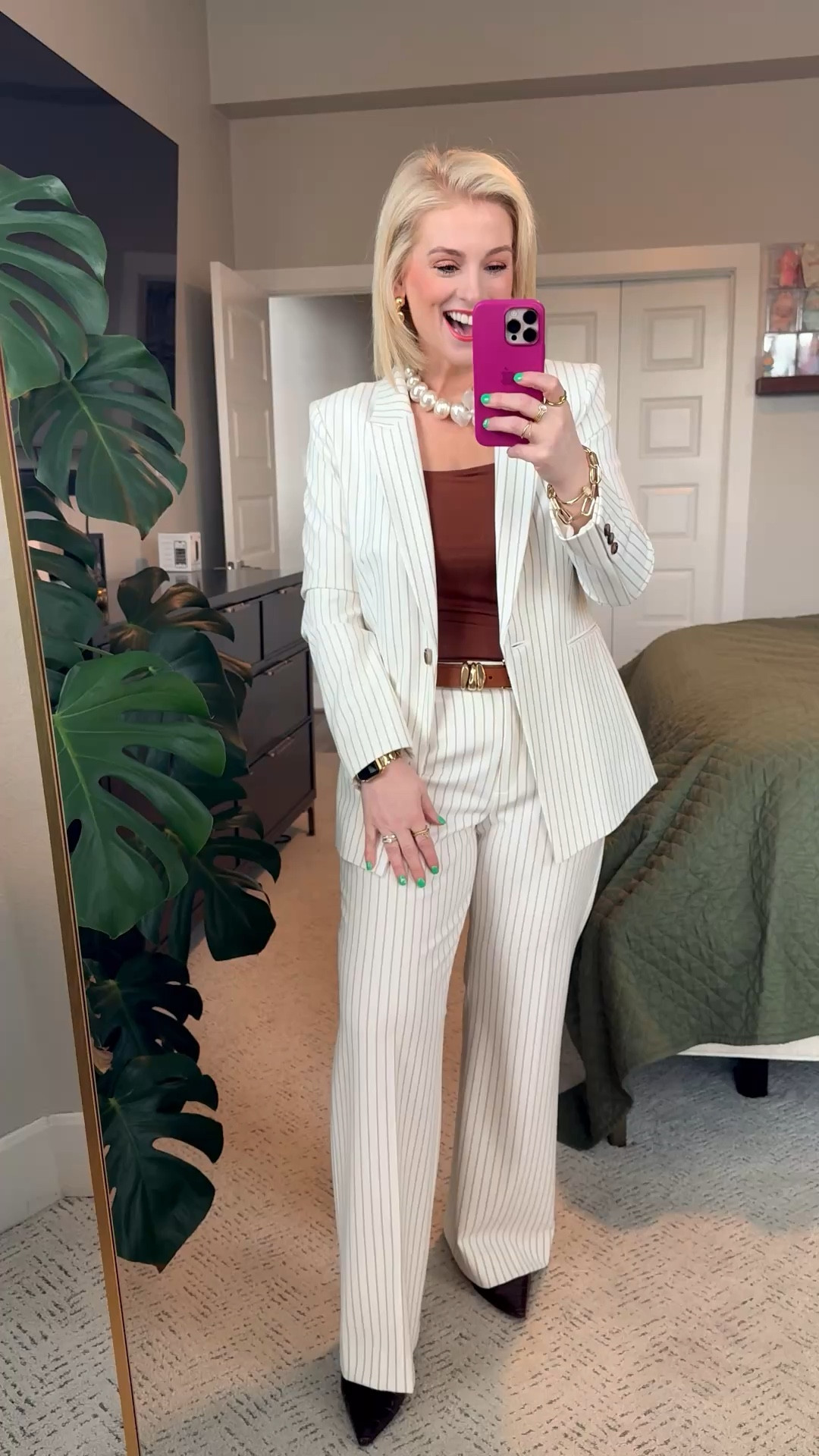 Power suit energy today 🤍✨

Wore this cream pinstripe suit to a leadership meeting and I’m not gonna lie… I was feeling myself. There’s just something about a good tailored suit that makes you walk in like you own the room.

Added a bright brown tank, pointy heels, and oversized pearls for a little extra drama. Because if you’re going to wear a suit… it might as well be a moment.

Linking the suit so you can channel your inner boss too. 💁🏼‍♀️

#LTKootd #LTKMidsize #LTKWorkwear