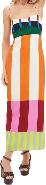 Recious Womens Sexy Spaghetti Strap Colorblock Stripes Printed Bodycon Party Clubwear Dress | Amazon (US)