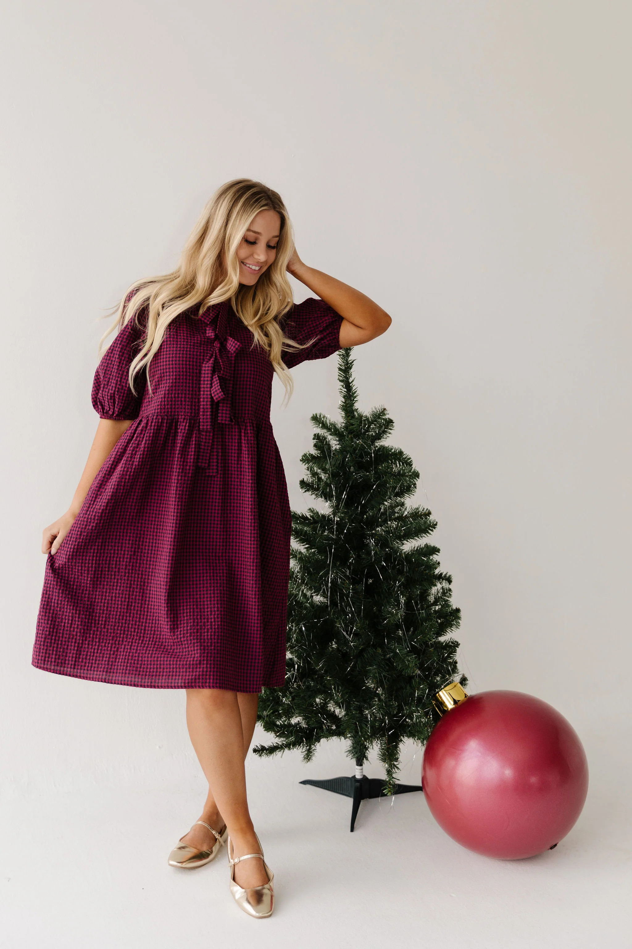 THE HARLOW BOW DRESS IN BURGUNDY CHECKERED BY PINK DESERT | Pink Desert