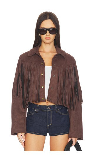 MORE TO COME Baylor Fringe Faux Suede Jacket in Brown. - size XS | Revolve Clothing (Global)
