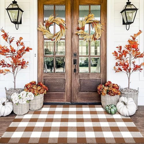 Buffalo Plaid Outdoor Rugs, 3'x5' Coffe and White Checkered Area Rug, Layering Rug for Hello/Welc... | Amazon (US)