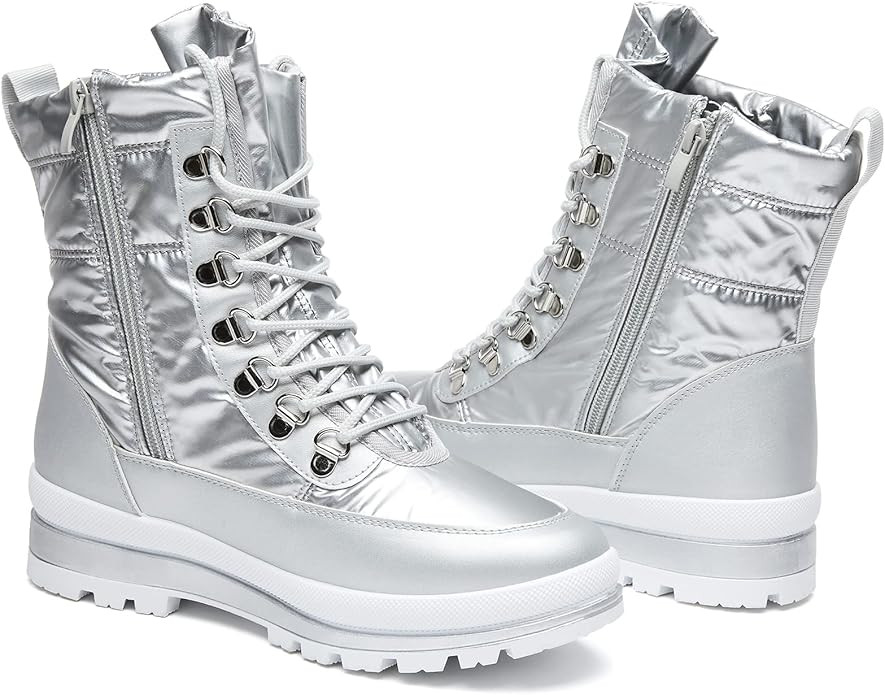 Moudki Womens Warm Fur Lined Snow Boots for Cold Weather, Non-slip Black Combat Boots with Zipper... | Amazon (US)