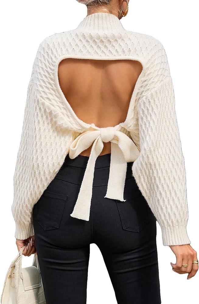 GORGLITTER Women's Bow Open Back Sweater Top Trendy Long Sleeve Backless Drop Shoulder Mock Neck ... | Amazon (US)