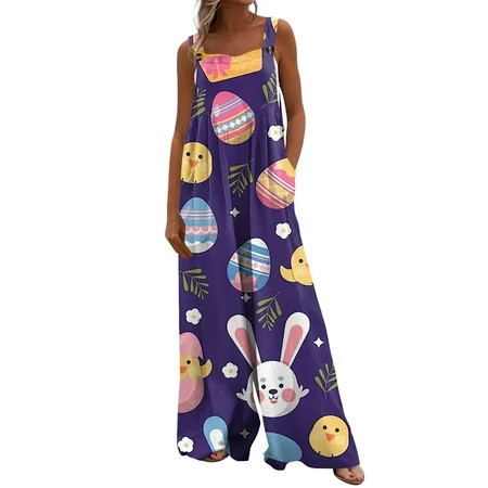 UoCefik Easter Plus Size Overalls for Women Sleeveless Easter Bunny Rabbit Eggs Graphic Womens Jumpsuits Dressy Spring Loose Wide Leg Rompers One Piece Comfy Casual Long Pants Dark Purple L | Walmart (US)
