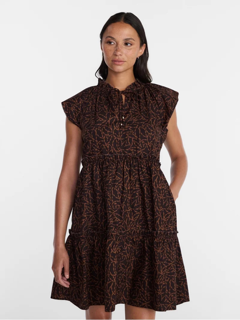 Time and Tru Women's and Women's Plus Tiered Cotton Mini Dress with Flutter Sleeves, Sizes XS-4X | Walmart (US)