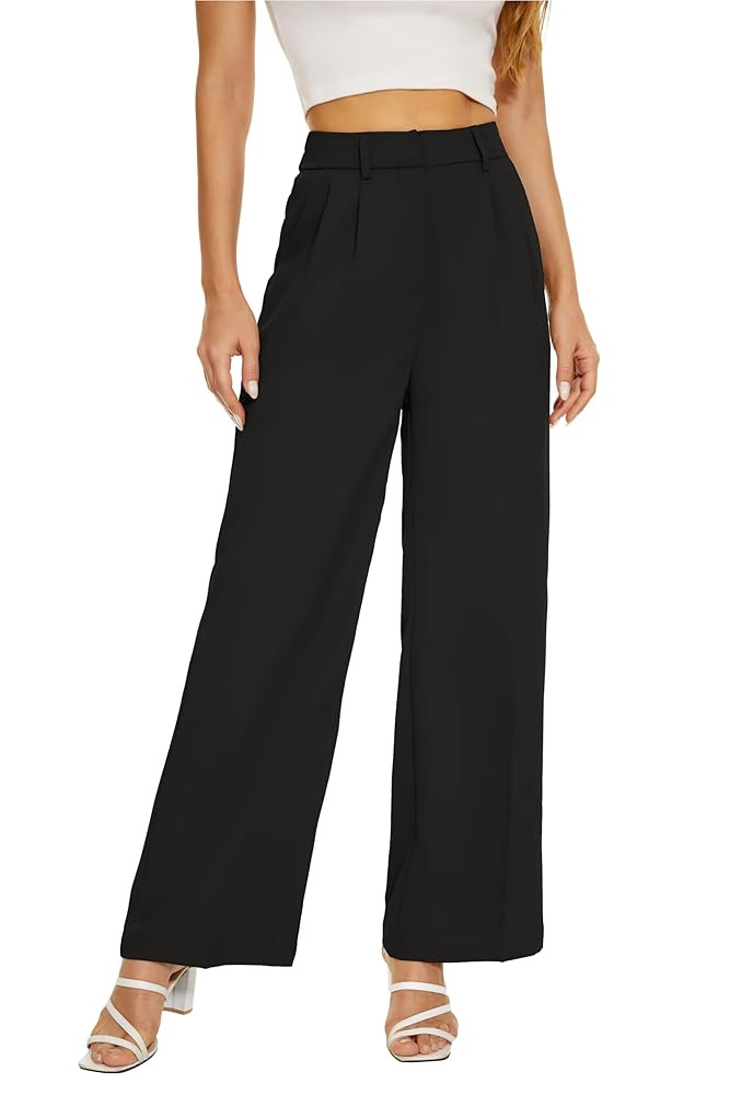 Women Office Wide High Waist Pants Loose Fit Elastic Waist Pleated Front Trousers for Work Casual | Amazon (US)