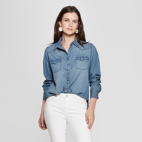 Women's Essentials Long sleeve Collared Western Denim Shirt - Universal Thread™ Blue | Target
