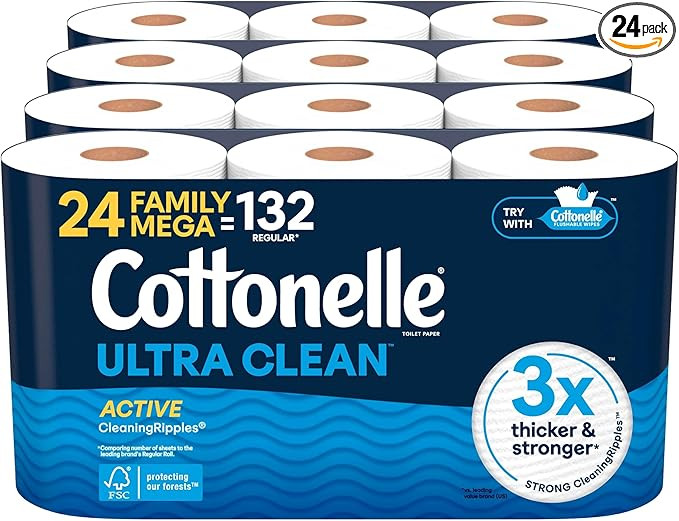 Cottonelle Ultra Clean Toilet Paper with Active CleaningRipples Texture, Strong Bath Tissue, 1-Pl... | Amazon (US)