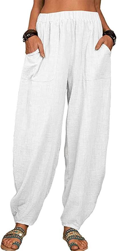 utcoco Women's Cotton Linen Harem Pants Casual Loose Fit High Waisted Pants Trousers with Pockets | Amazon (US)