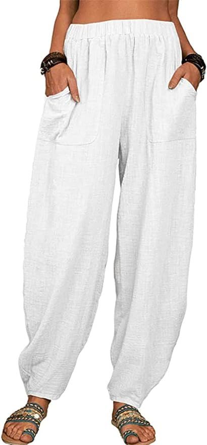 utcoco Women's Cotton Linen Harem Pants Casual Loose Fit High Waisted Pants Trousers with Pockets | Amazon (US)