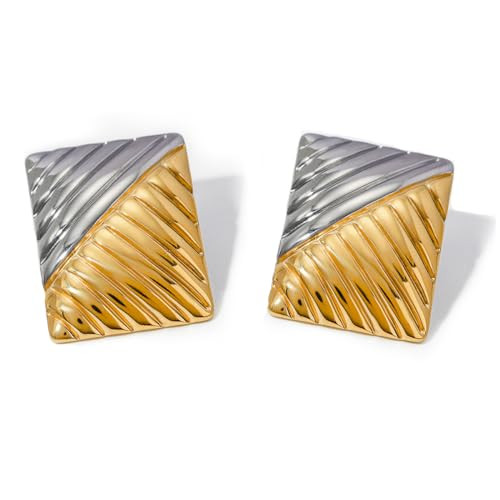 Chunky Striped Square Statement Earrings Gold Rectangle Earrings for Women Gold/Silver Two-Tone Minimalist Large Geometric Earrings | Amazon (US)