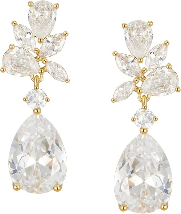 SWEETV Elegant Bridal Wedding Earrings for Brides, Bridesmaids, Cubic Zirconia Teardrop Dangle Ea... | Amazon (US)