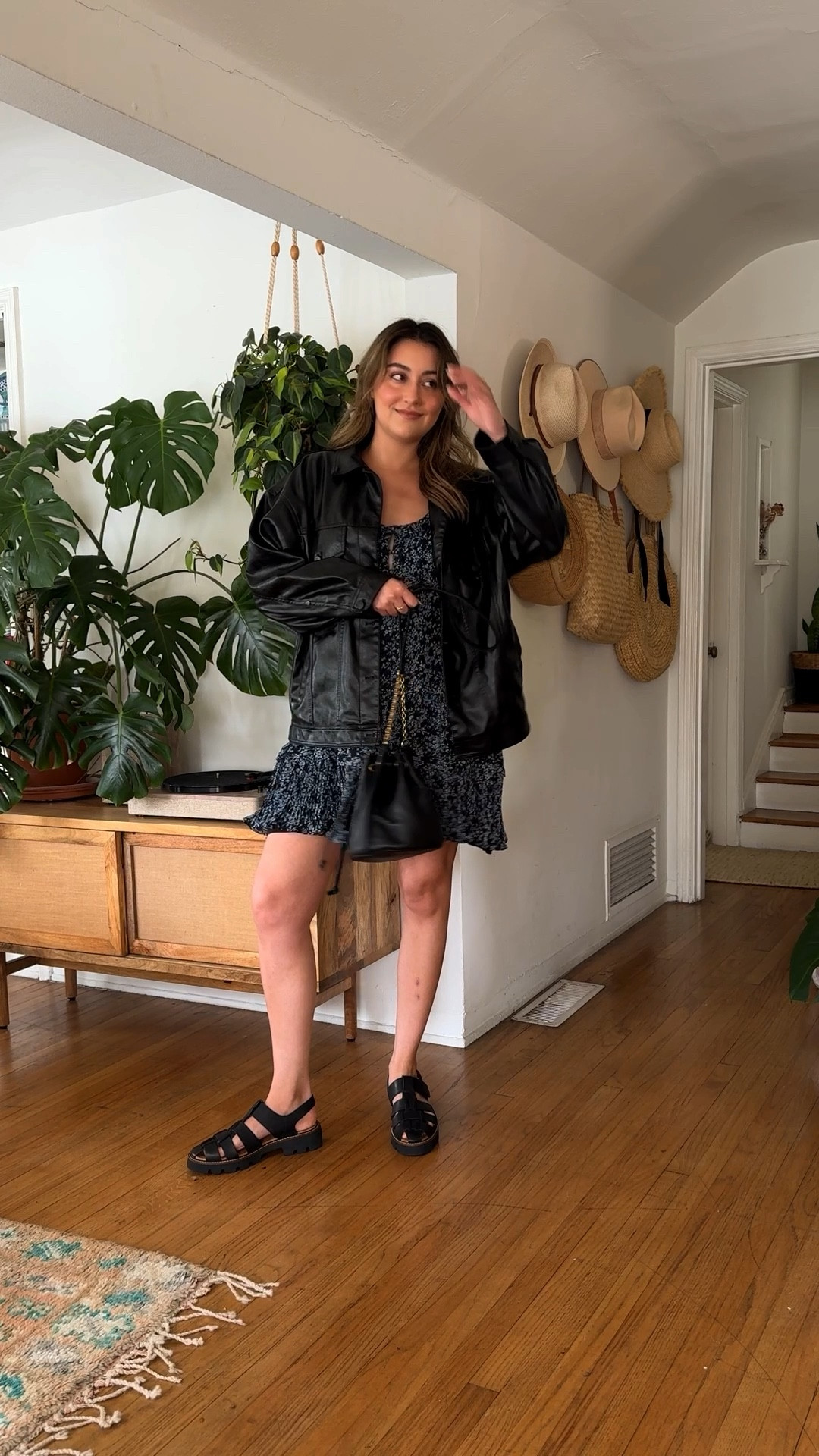 swing tunic mini dress, shirt jacket, fisherman sandals, + bucket bag 🖤 

#LTKShoeCrush #LTKVideo #LTKStyleTip