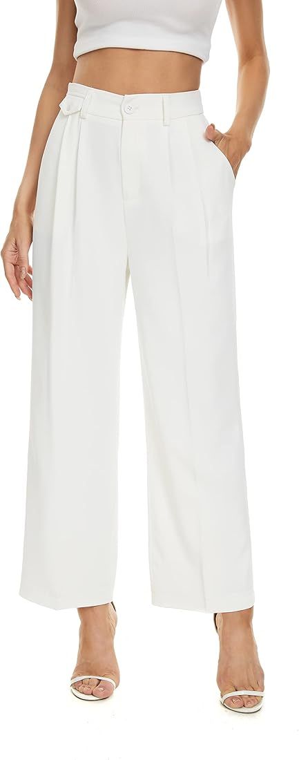 FUNYYZO Women Loose Pleated Front Cropped Pants Wide Leg Straight Trousers | Amazon (US)