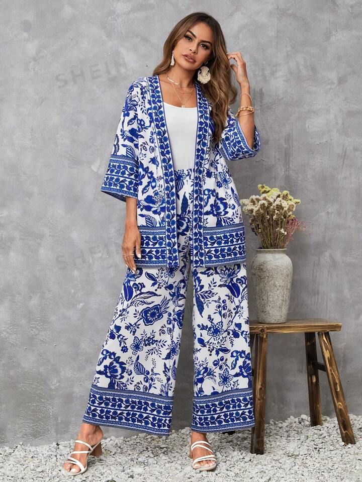 SHEIN VCAY Floral Print Kimono & Wide Leg Pants | SHEIN