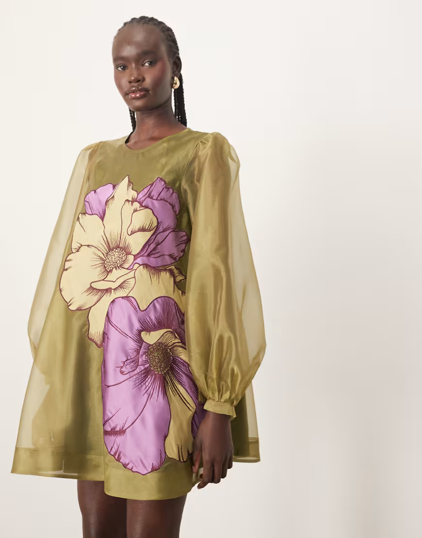 ARRANGE – A-Linien-Minikleid in Grün mit floraler Applikation und voluminösen Ärmeln | ASOS (Global)