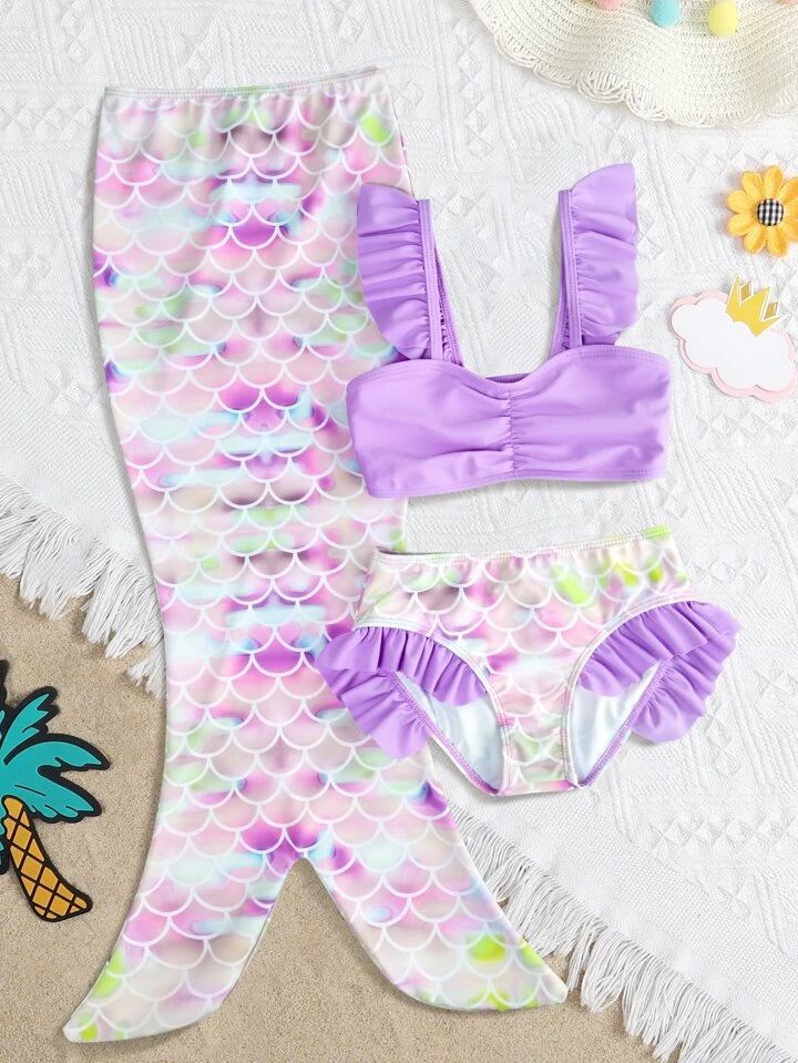 Toddler Girls 3pcs Fish Scale Print Ruched Ruffle Trim Mermaid Tail Set | SHEIN