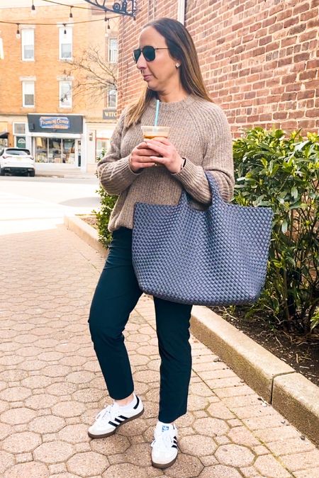 Out and about.  Tote large size in Anchor. Pants, size Small.  Sweater is the oversized fisherman. Size Small. 

Tote, joggers, casual, transitional outfit, spring outfit, casual 

#LTKitbag #LTKfindsunder100 #LTKworkwear