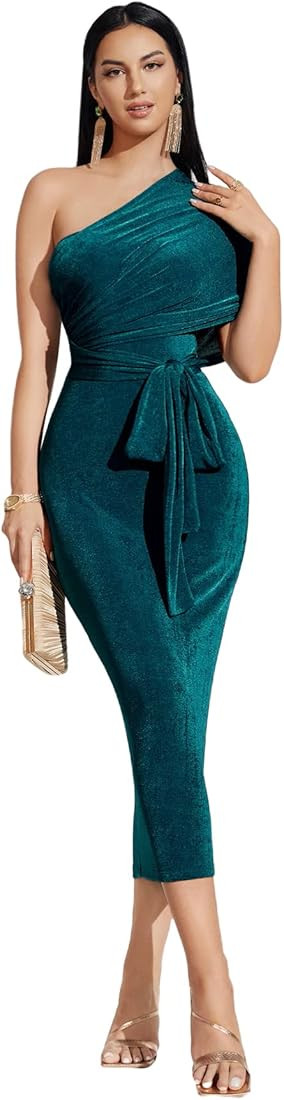 WDIRARA Women's One Shoulder Wrap Tie Front Ruched Backless Solid Bodycon Pencil Maxi Dress | Amazon (US)