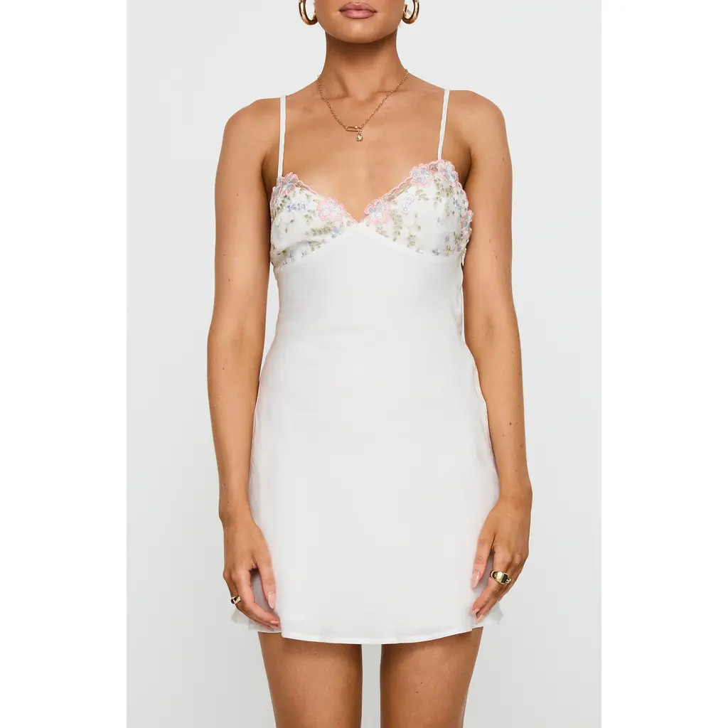 Princess Polly Hintz Embroidered Satin Minidress in White at Nordstrom, Size 8 | Nordstrom
