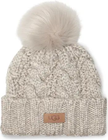 UGG® Cable Knit Beanie with Faux Fur Pom | Nordstrom | Nordstrom