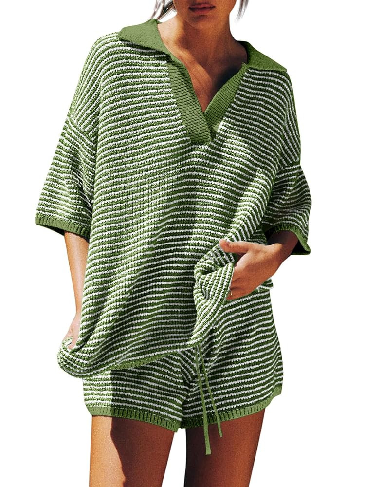 Tankaneo Womens Sweater Set 2 Piece Outfits Oversized 3/4 Sleeve V Neck Knit Tops High Waisted Sh... | Amazon (US)