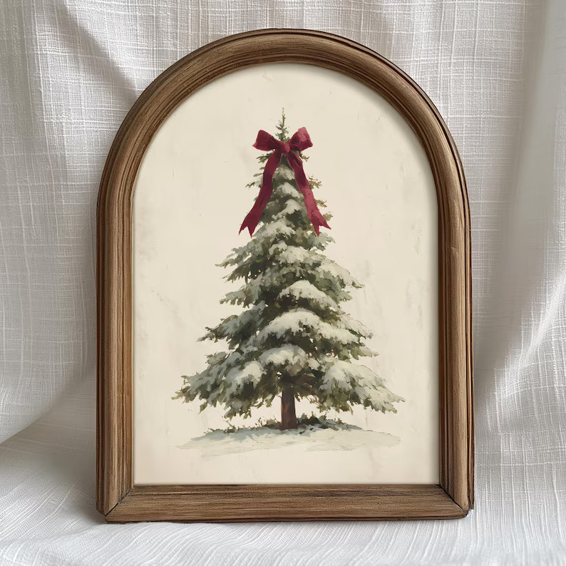 Christmas Tree Wall Art Printable Snowy Pine With Burgundy Bow Rustic Holiday Decor Winter Farmho... | Etsy (US)
