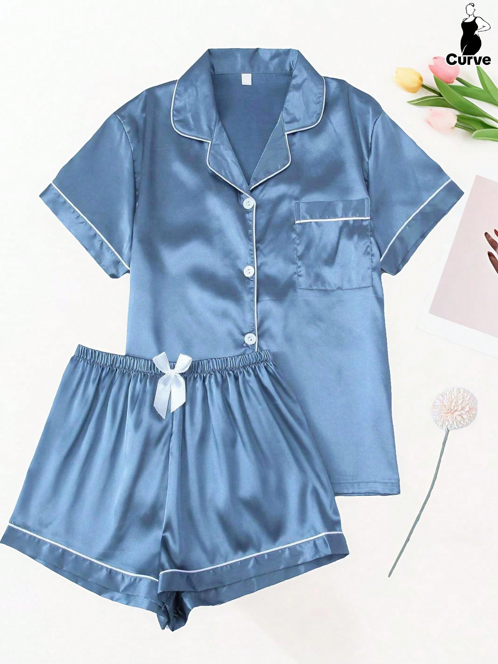 2pcs Luxury Plus Size Women's Solid Color Silk Satin Pajama Set, Lightweight Breathable Short Sleeve Lapel Blouse And Bow Shorts Sleepwear For Spring/Summer Party & Vacation | SHEIN