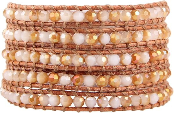 KELITCH Pearl Crystal Beads Bracelets Handmade Natural Leather 5 Wrap Bracelet for Women Classic ... | Amazon (US)