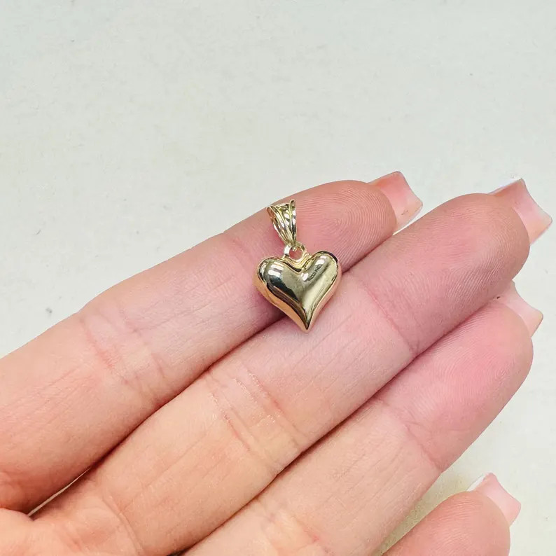 Mini Puffy 14K Yellow Gold Pendant Heart Charm | Etsy (US)