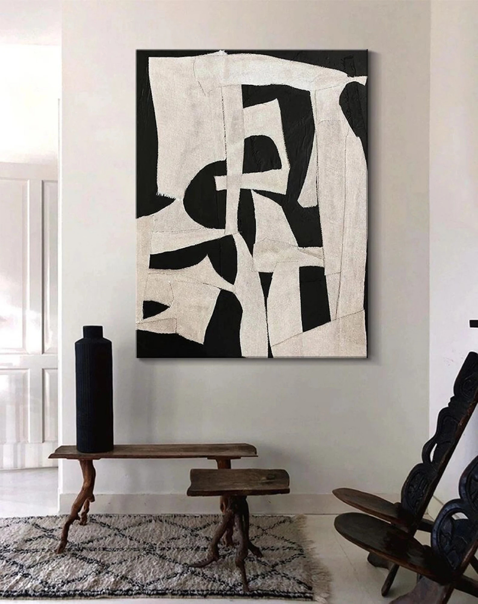 Black Beige Abstract Painting Beige Wabi Sabi Wall Art Black Minimalist Canvas Art Large Neutral ... | Etsy (US)