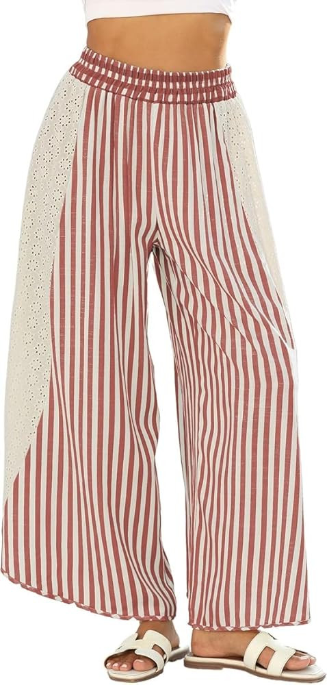 Yeokou Women Wide Leg Striped Pants Casual Eyelet Lace Patched Palazzo Lounge Pants Summer Flowy ... | Amazon (US)