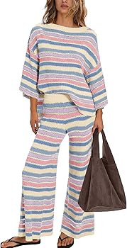 ReachMe Womens Oversized Striped 2 Piece Set Sweater and Wide Leg Pants with Pockets Pajama Loung... | Amazon (US)