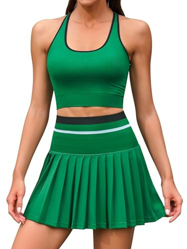 ATTRACO 2 Piece Tennis Skirt Set High Waisted Pleated Skirt with Workout Top Golf Outfits Green L | Amazon (US)