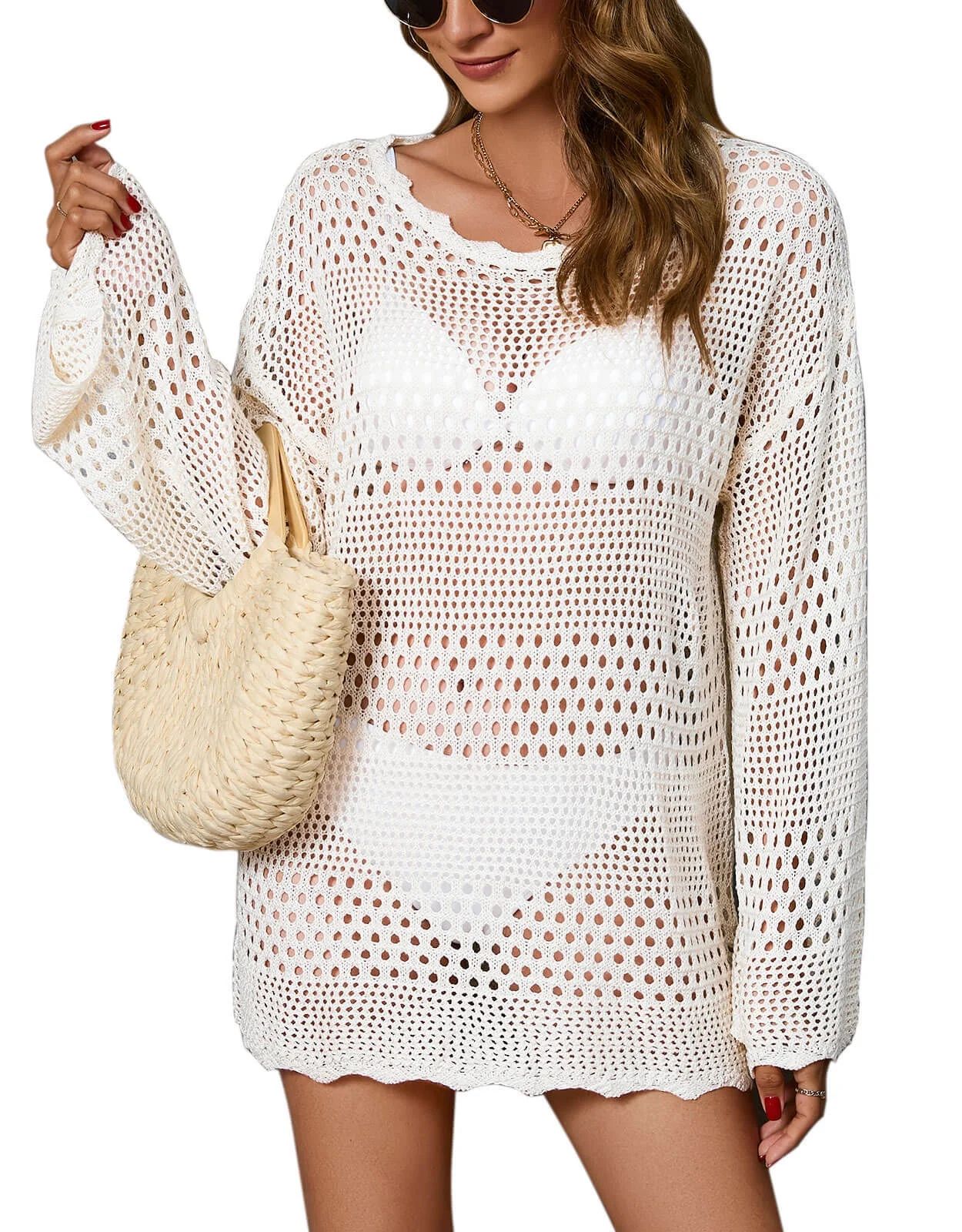 Swimsuit Cover Up for Women Summer Long Sleeve Bathing Suit Cover Up Swim Crochet Bikini Beach Dr... | Walmart (US)