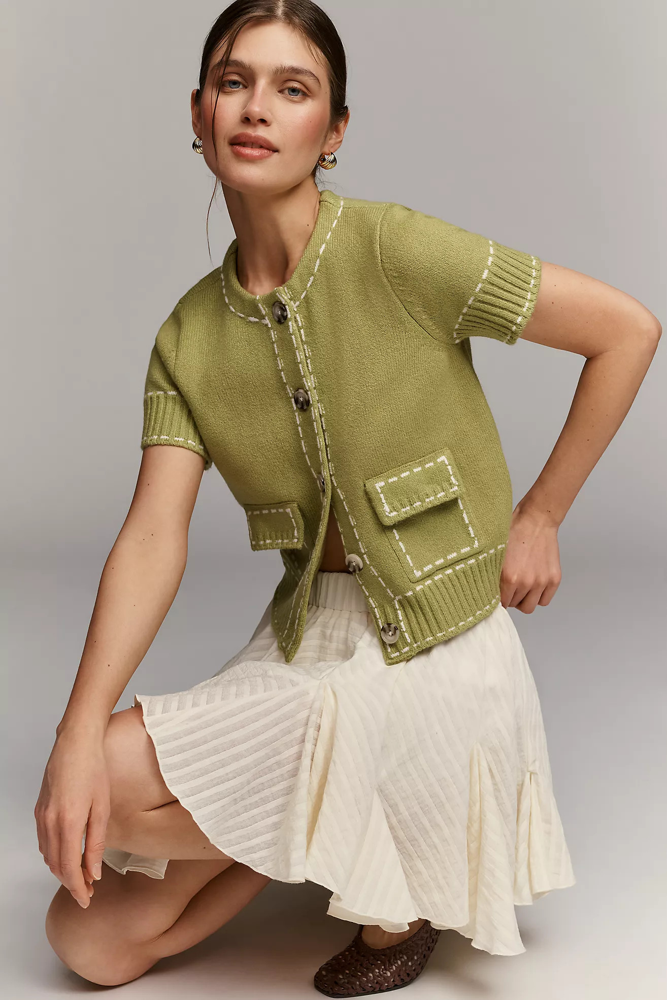 Design History Short-Sleeve Stitched Cardigan Sweater | Anthropologie (US)
