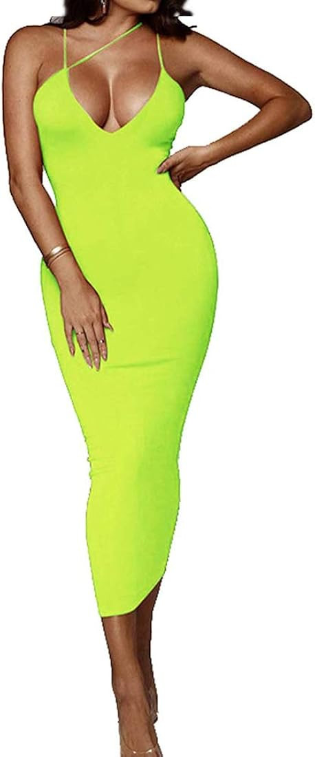 PRIMODA Women's Sexy Neon Asymmetrical Spaghetti Strap Dress Deep V-Neck Sleeveless Bodycon Midi ... | Amazon (US)