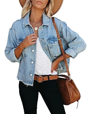 LONGBIDA Women's Jean Jacket Frayed Washed Button Up Cropped Denim Jacket With Pockets | Amazon (US)