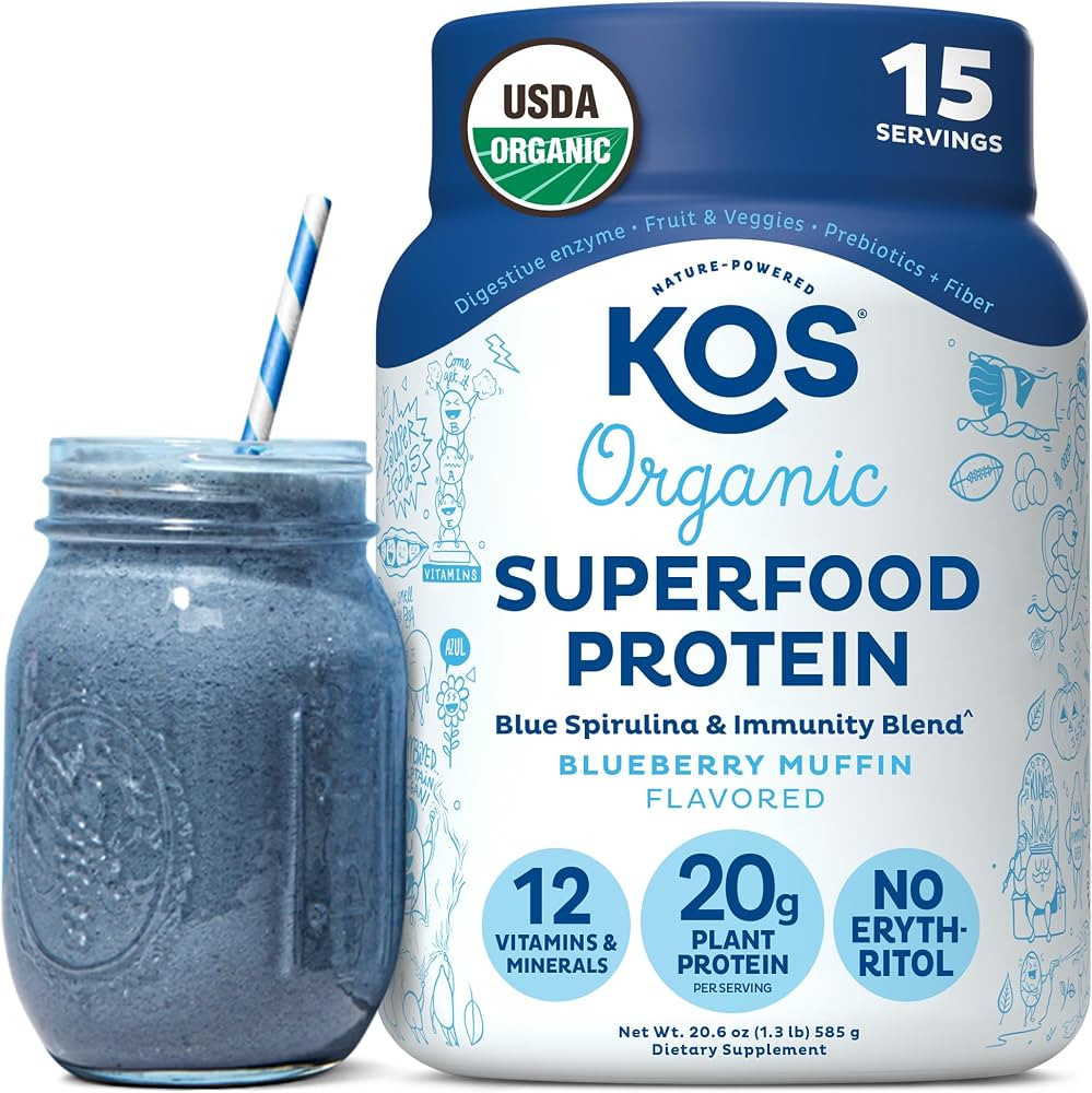 KOS Plant Based Protein Powder, Blueberry Muffin - Organic Pea Protein Superfood with Spirulina a... | Amazon (US)