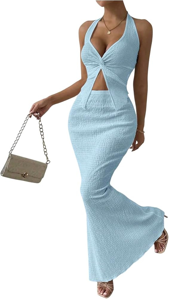 SOLY HUX Women's Two Piece Outfits Twist Front Halter Cami Tops and Skirt Summer Set | Amazon (US)