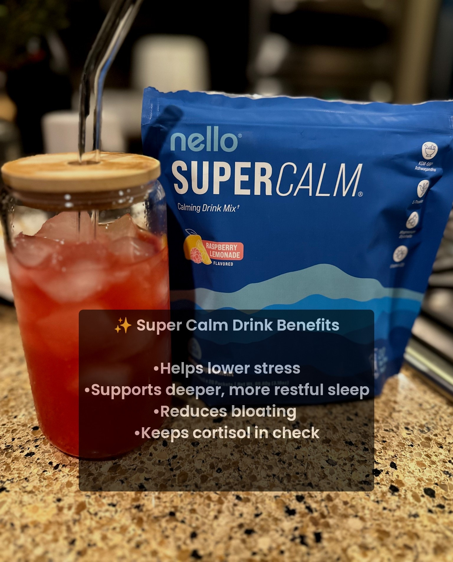 The calm in a cup I turn to every night 💫

✨ Super Calm Drink Benefits
	•	Helps lower stress + calm the nervous system
	•	Supports deeper, more restful sleep
	•	Reduces bloating + improves digestion
	•	Keeps cortisol in check
	•	Eases that “wired but tired” feeling
	•	Perfect for unwinding at night without feeling groggy
