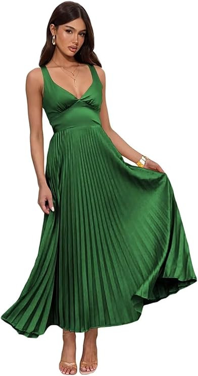 Tea Length Satin Bridesmaid Dresses with Pleates for Women V-Neck Pleated Formal Wedding Guest Dr... | Amazon (US)