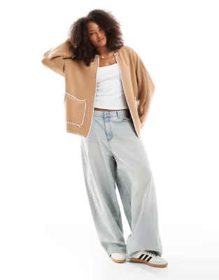 ASOS DESIGN knit shacket with blanket stitch detail in beige | ASOS | ASOS (Global)