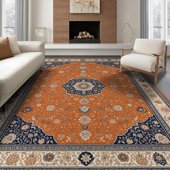 8'x10' Orange Navy Burnt Medallion Elegance Washable Area Rug | Amazon (US)